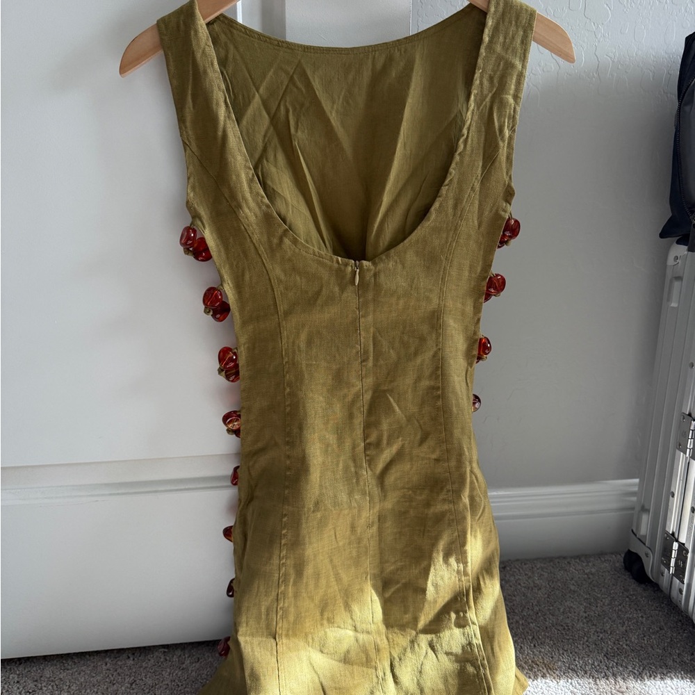 Backless Olive Green Linen-Blend Dress with Red Side Button Accents. Never worn